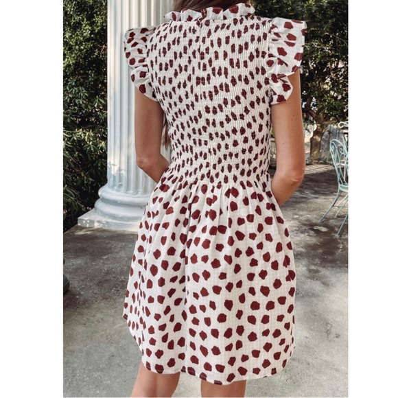 Brown Abstract Printed Flutter Sleeve Smocked Bodice Mini Dress - Picture 3 of 9